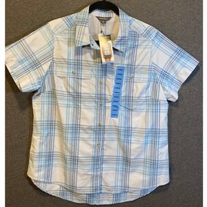 Eddie Bauer Womens Blue Plaid Short Sleeve Button Up Vented Hiking Shirt Large